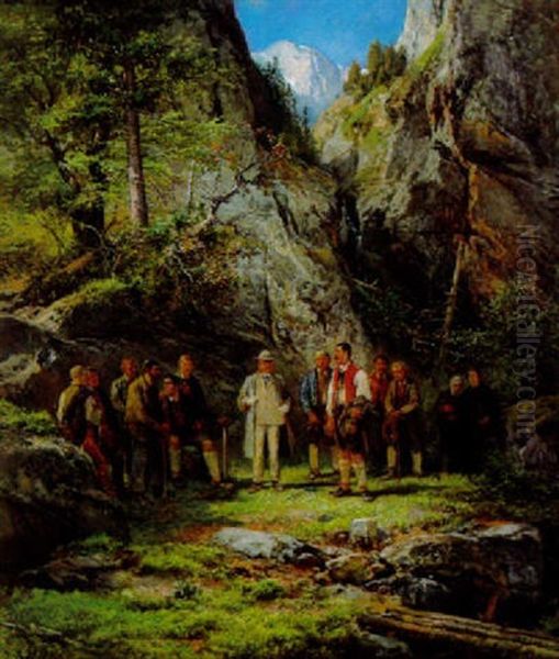 Herrschaftlicher Wanderer Mit Seinen Begleitern Auf Einer Waldlichtung Oil Painting by Bernhard Muehlig