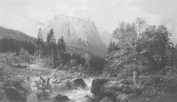 Landschaft Mit Kuhen Und Einem Angler, Eine Bergkette Im Hintergrund Oil Painting by Bernhard Muehlig