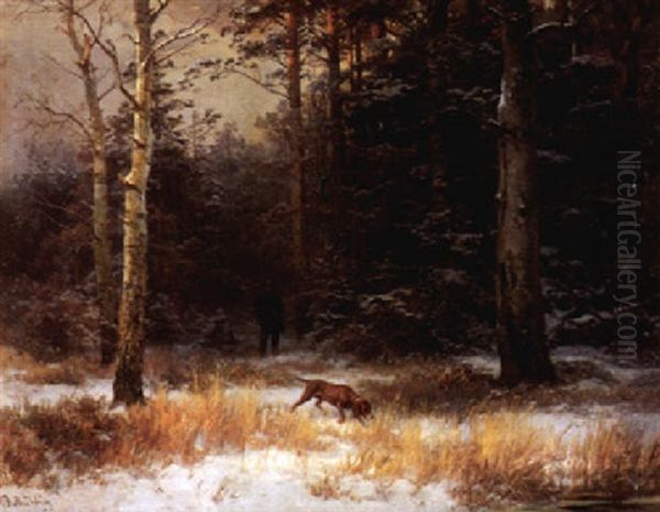 Auf Der Pirsch. Jager Mit Hund Im Winterwald Oil Painting by Bernhard Muehlig