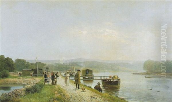 Dampferanlegeplatz An Einem Flus (pillnitz?) Oil Painting by Bernhard Muehlig