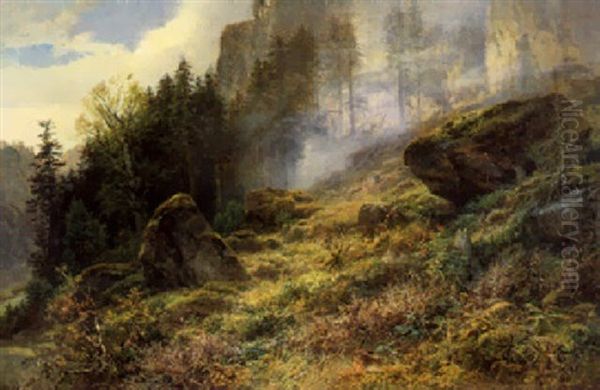 Holzschlag Am Morgen Mit Liegendem Hasen Im Vordergrund Oil Painting by Bernhard Muehlig