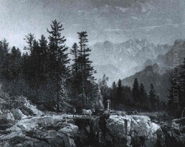 Viehtrieb Im Tal (achental, Tirol?) Oil Painting by Bernhard Muehlig