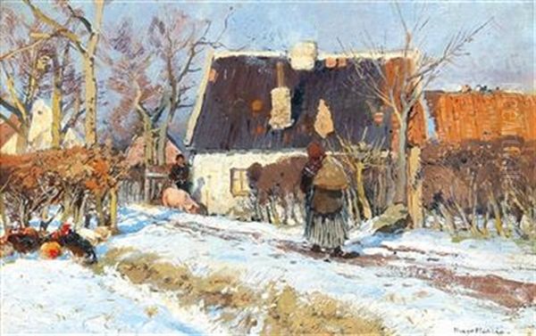 Winter In The Country With Chickens Oil Painting by Hugo Muehlig