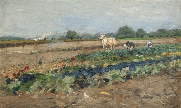 Field With Two Women And A Horse Oil Painting by Hugo Muehlig