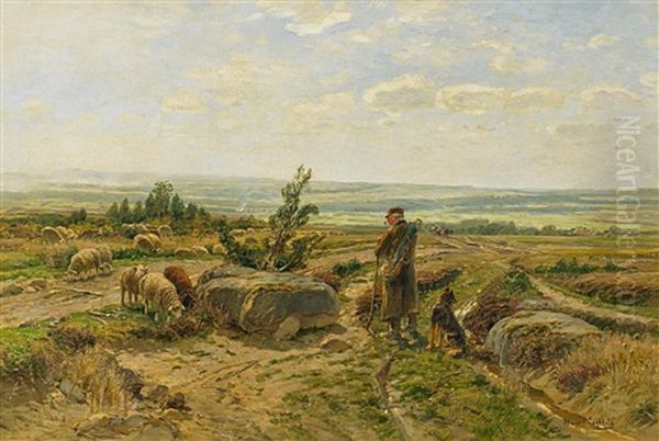 Schafer Mit Seiner Herde In Weiter Landschaft Bei Willingshausen Oil Painting by Hugo Muehlig