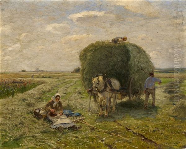 Hay Harvest In The Lower Rhine Region Oil Painting by Hugo Muehlig