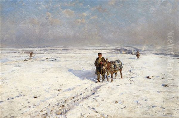 Winter Landscape With Donkies Oil Painting by Hugo Muehlig