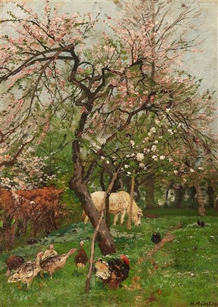 An Orchard In Bloom With Poultry And A Horse Oil Painting by Hugo Muehlig