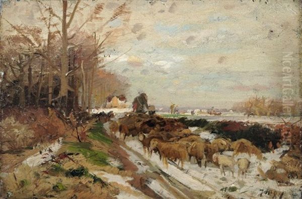 Winterlandschaft Mit Schafer Und Schafherde Oil Painting by Hugo Muehlig