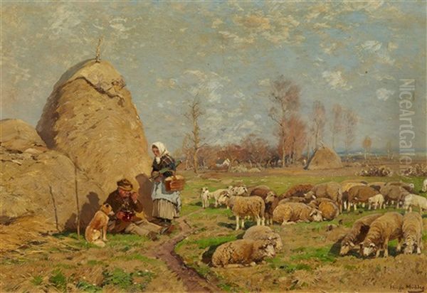 Summer Landscape With A Peasant Couple And Sheep Oil Painting by Hugo Muehlig