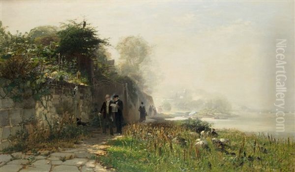 Walkers At The Rhine Oil Painting by Hugo Muehlig