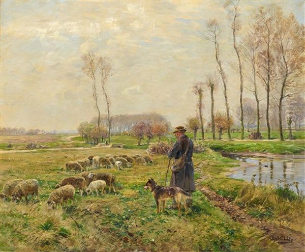 Schafer Mit Seiner Herde Im Vorfruhling Oil Painting by Hugo Muehlig