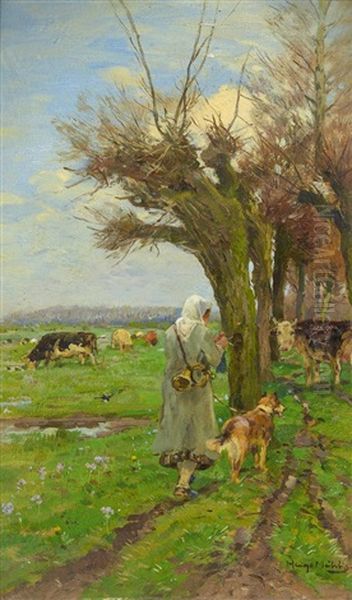 Rinderhirtin Mit Hund Oil Painting by Hugo Muehlig