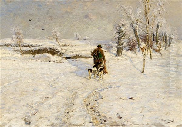 Winter Landscape With Hunters And Dogs by Hugo Muehlig