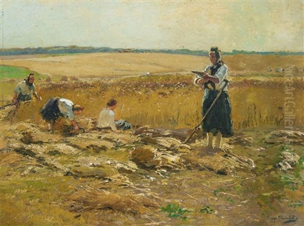 Peasants At The Hayharvest Oil Painting by Hugo Muehlig