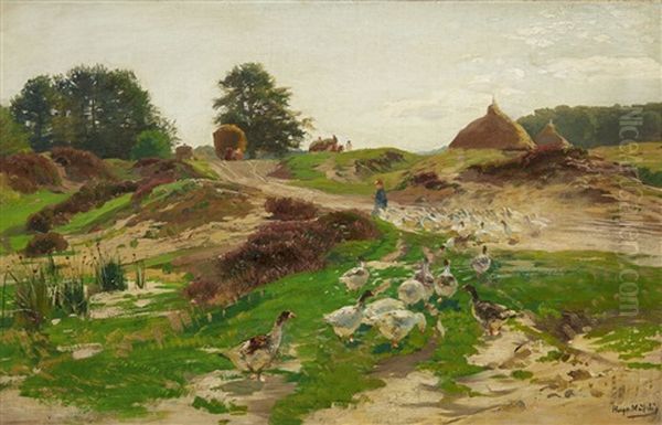 Landscape With A Goosegirl Oil Painting by Hugo Muehlig