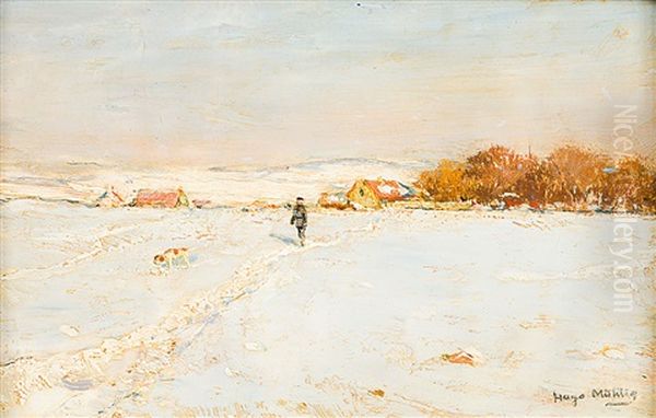 Sonniger Wintertag. Im Schnee Jagersmann Mit Seinem Jagdhund. Im Hintergrund Dorfsilhouette Oil Painting by Hugo Muehlig