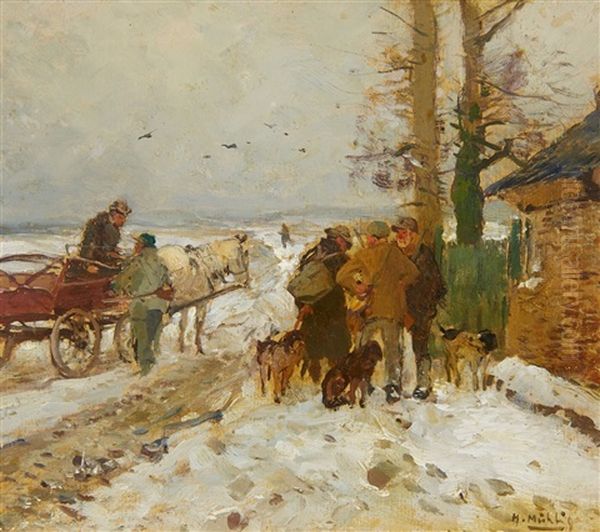 A Winter Landscape With Hunters Oil Painting by Hugo Muehlig