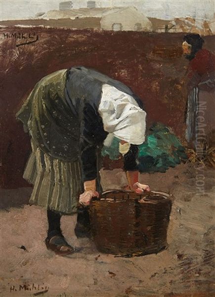 A Peasant Woman With A Basket Oil Painting by Hugo Muehlig