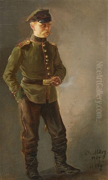 Self Portrait In Uniform Oil Painting by Hugo Muehlig