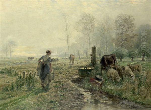 Sommermorgen Mit Einem Madchen Auf Der Weide Bei Einer Tranke Oil Painting by Hugo Muehlig