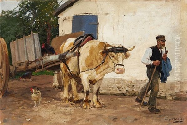 Farm With Ox Cart Oil Painting by Hugo Muehlig