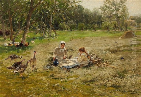 Picnic In A Meadow Oil Painting by Hugo Muehlig