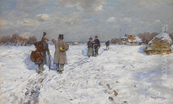 Winterlandschaft Mit Heimkehrenden Musikanten Oil Painting by Hugo Muehlig