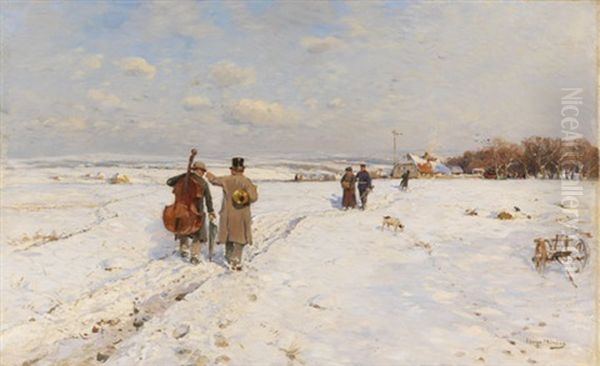 Heimkehrende Musikanten Im Schnee Oil Painting by Hugo Muehlig