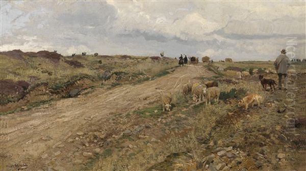 Schafer Auf Dem Heimweg In Hessischer Landschaft Oil Painting by Hugo Muehlig