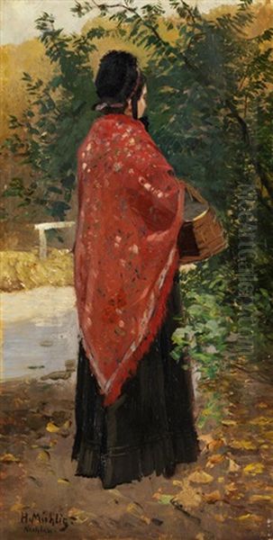 Frau In Schwarzem Kleid Mit Rotem Schultertuch Und Korb, In Einem Park Stehend Oil Painting by Hugo Muehlig