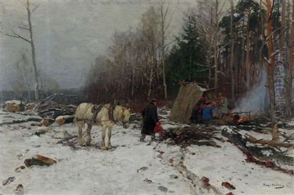 Winter Camp Scene Oil Painting by Hugo Muehlig