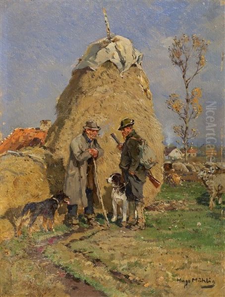 Hirte Und Jager Vor Einem Heuhaufen Oil Painting by Hugo Muehlig