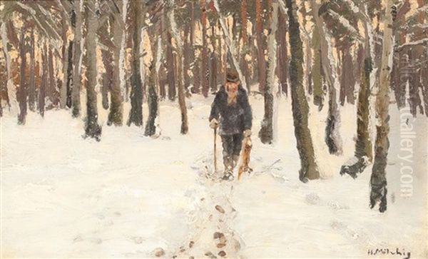 Spazierganger Im Winterlichen Wald Oil Painting by Hugo Muehlig