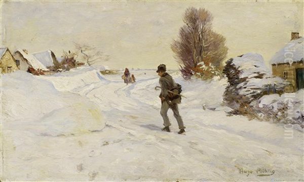 Auf Der Wintelich Verschneiten Dorfstrase Oil Painting by Hugo Muehlig