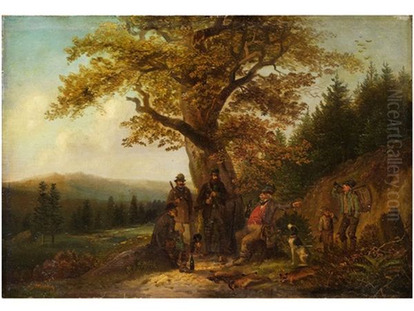 Jagdgesellschaft Bei Der Rast Unter Einem Eichenbaum Oil Painting by Hugo Muehlig