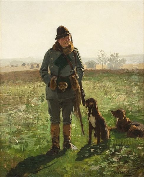 Jagersmann Mit Seinen Beiden Hunden Auf Freiem Feld Oil Painting by Hugo Muehlig