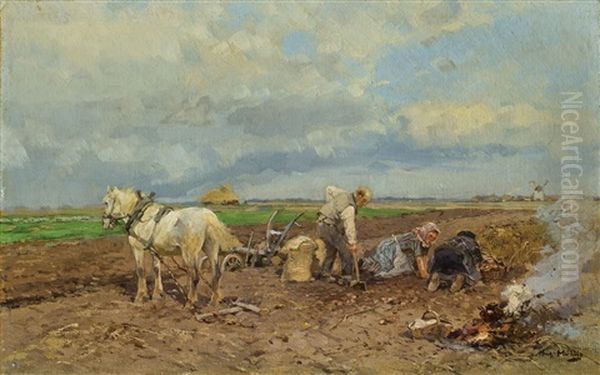 Pferdefuhrwerk Auf Dem Kartoffelfeld Oil Painting by Hugo Muehlig