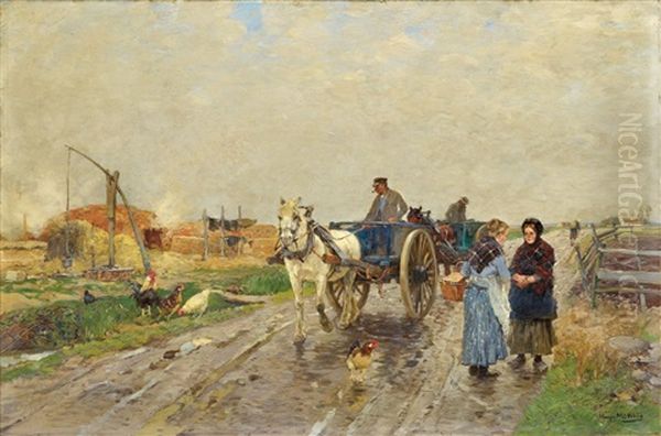 Landstrasse Mit Pferdewagen Oil Painting by Hugo Muehlig