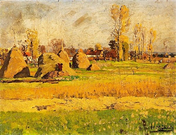 Herbstliche Felder Bei Unterbach Am Niederrhein Oil Painting by Hugo Muehlig