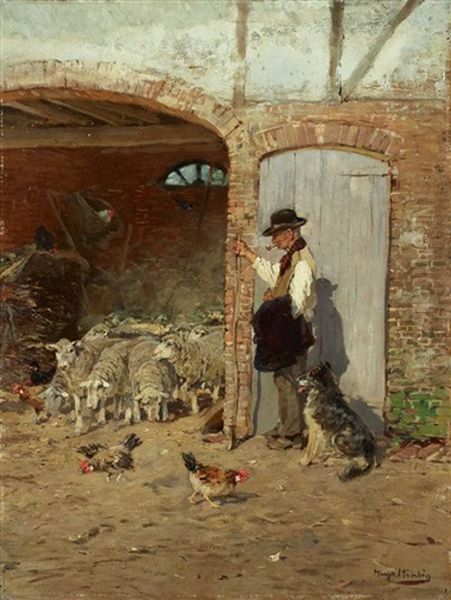 Shepherd With His Dog At The Barn Oil Painting by Hugo Muehlig