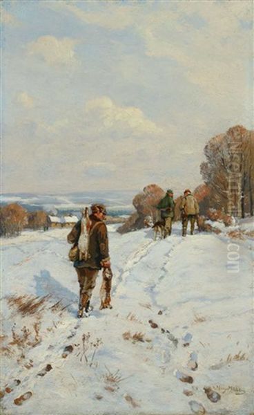 Jager In Verschneiter Landschaft Oil Painting by Hugo Muehlig