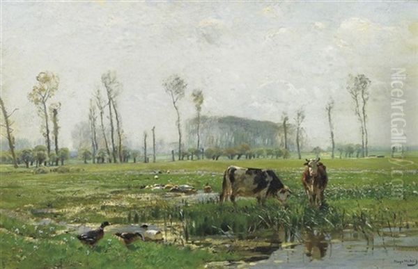 Im Vorfruhling. Weite Niederrheinlandschaft Mit Kuhen Und Enten An Der Tranke by Hugo Muehlig