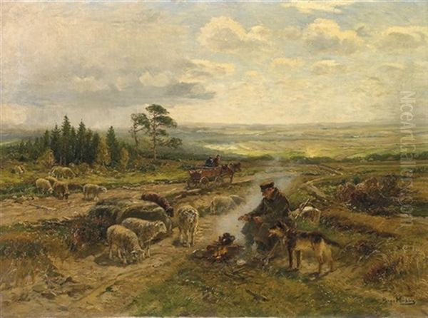 Schafer Bei Der Rast In Weiter Hessischer Landschaft Oil Painting by Hugo Muehlig