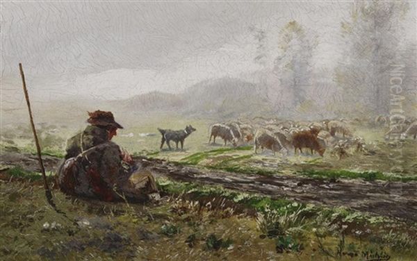 Der Schafhirte Bei Seiner Herde Im Morgennebel Oil Painting by Hugo Muehlig