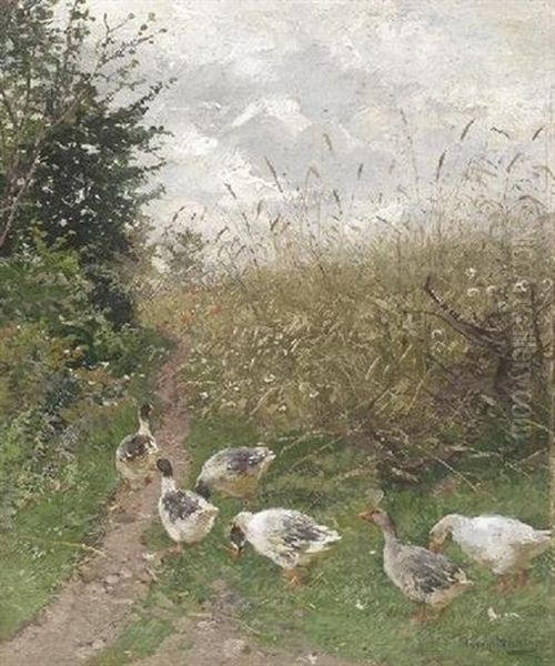 Enten Auf Einer Sommerlichen Wiese Oil Painting by Hugo Muehlig