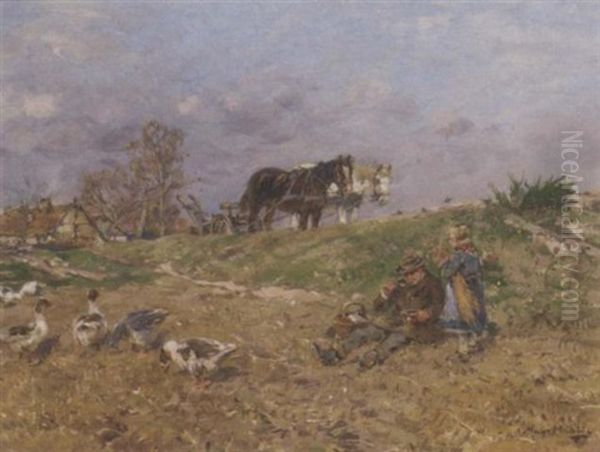 Mittagsrast In Eines Feldes Oil Painting by Hugo Muehlig