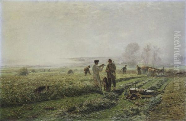 Die Visite. Ein Jager Bei Den Bauernauf Dem Feld Oil Painting by Hugo Muehlig