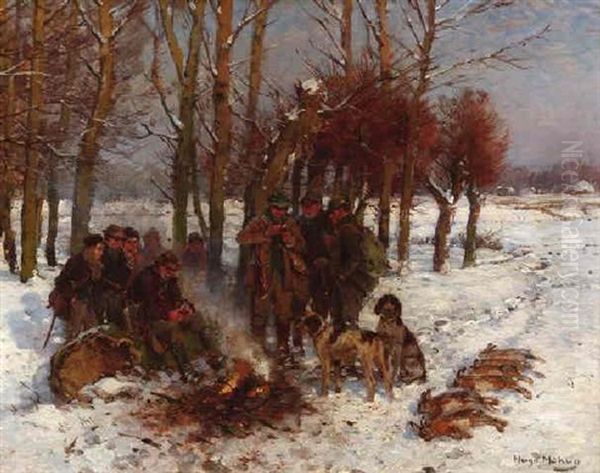 Rast Auf Der Winterlichen Treibjagd Oil Painting by Hugo Muehlig