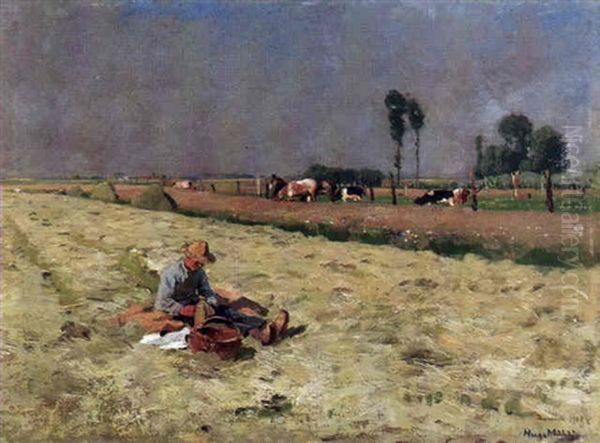 In Der Heuernte - Bauer Bei Der Mittagsrast Auf Dem Feld Oil Painting by Hugo Muehlig